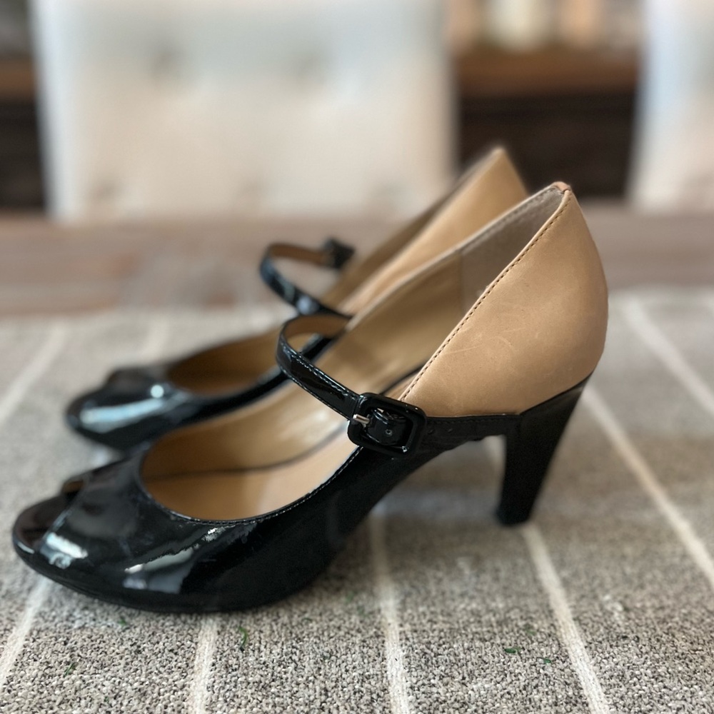 Franco Sarto, 2 and toned patent leather buckle heels, size 7